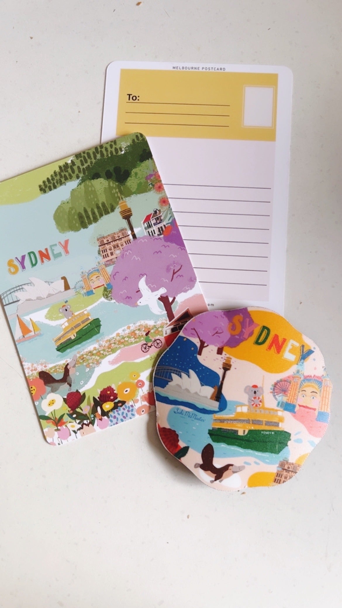 Sydney Postcard & Magnet Gift Set by Suki McMaster – Illustrated A6 Postcard + Fridge Magnet | Harbour Bridge, Opera House & Koala Design