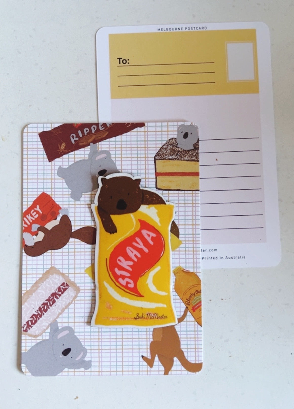 Wombat & Aussie Treats Postcard & Magnet Set by Suki McMaster – Illustrated A6 Postcard + Fridge Magnet | Straya Snack Collection