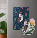 Fridge magnet with a kookaburra design on a floral background