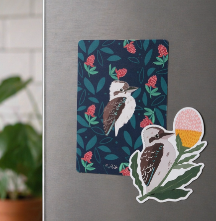 Fridge magnet with a kookaburra design on a floral background