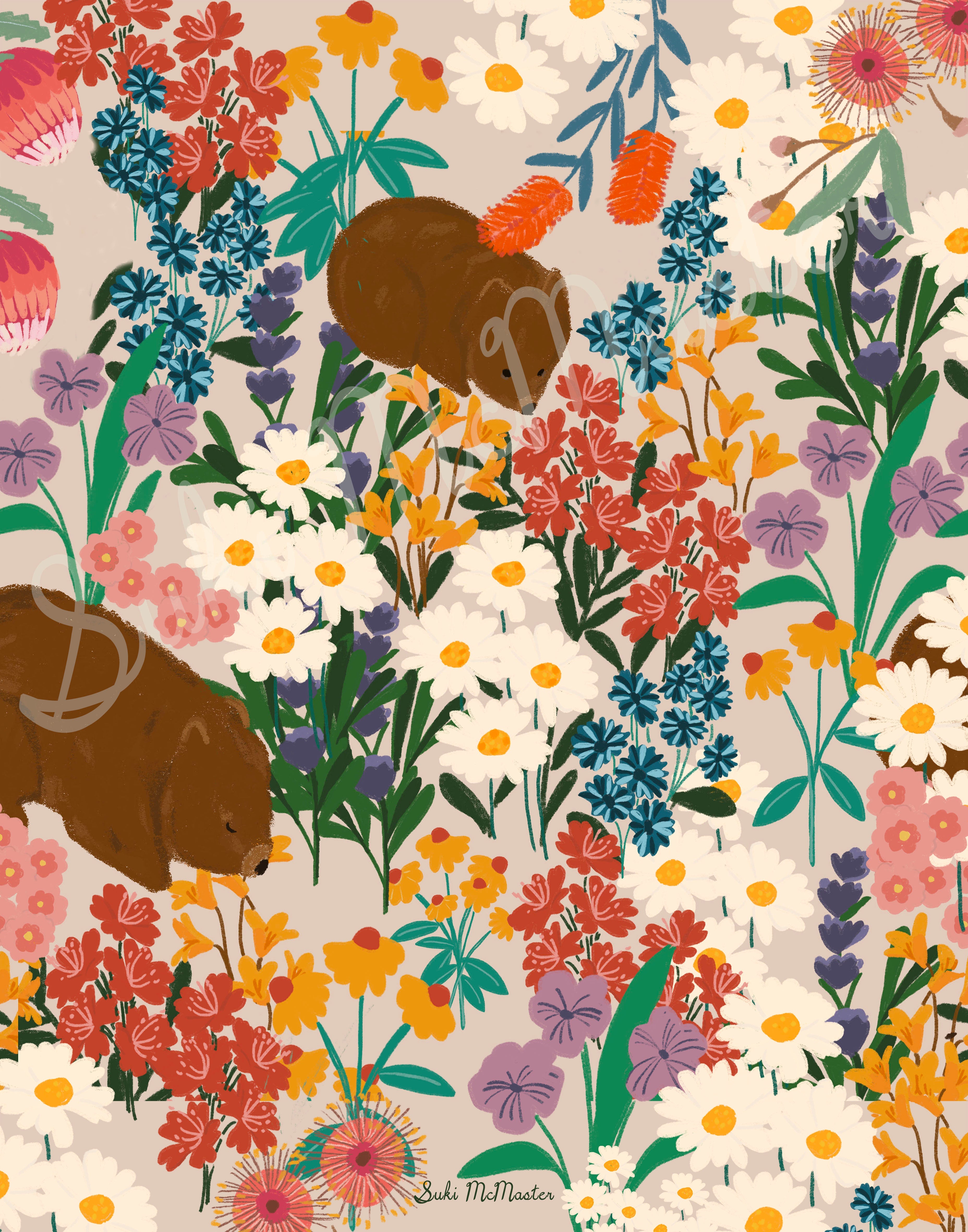 Australian Animal Wall Art - Wombat with Flowers (Pack of 3)