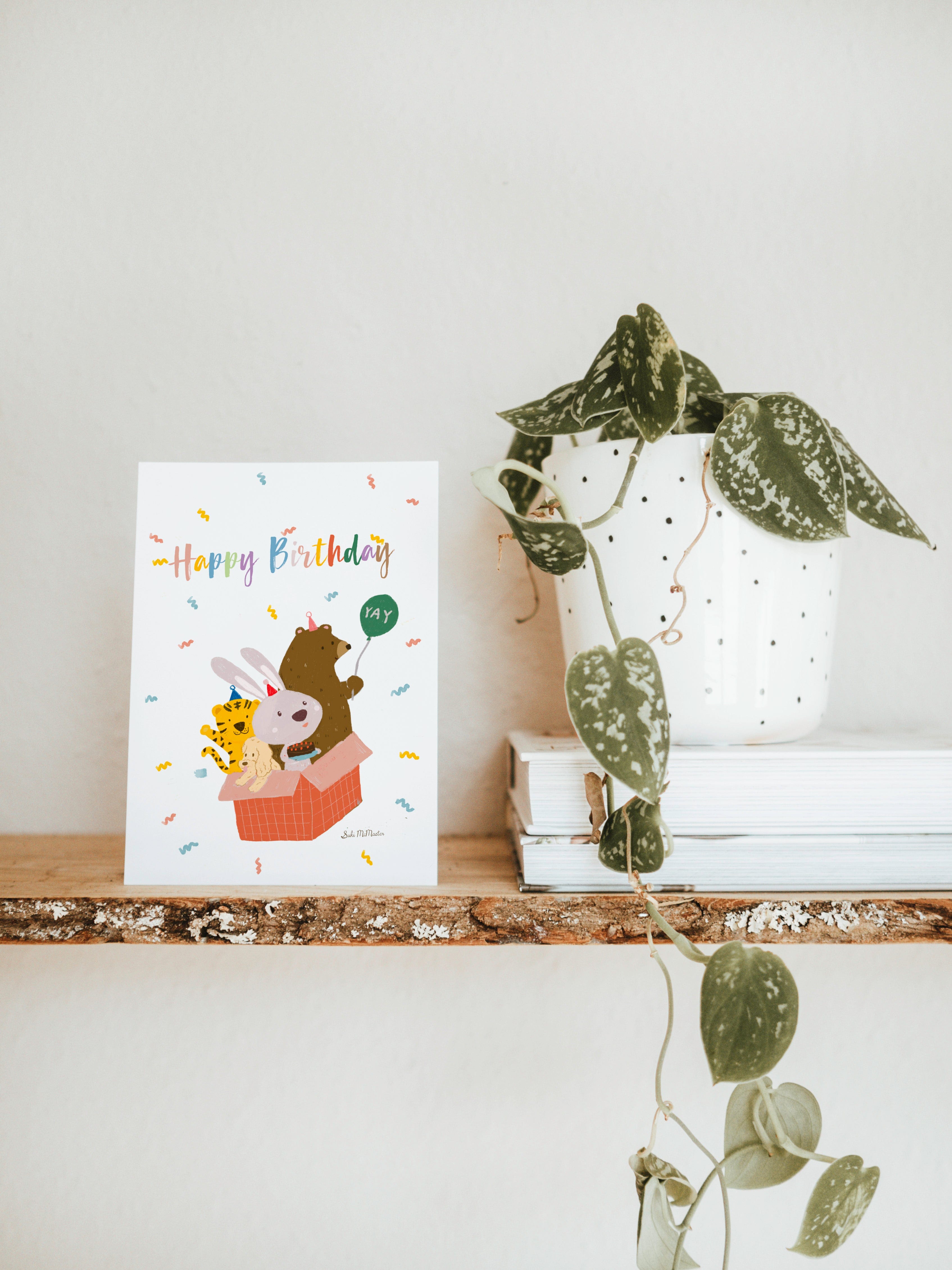 Birthday Card - Bunny Tiger and Bear Surprise by Suki McMaster