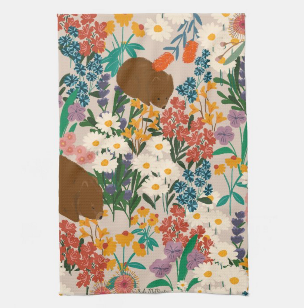 Kitchen Tea Towel - Wombats Floral by Suki McMaster (Pack of 5)