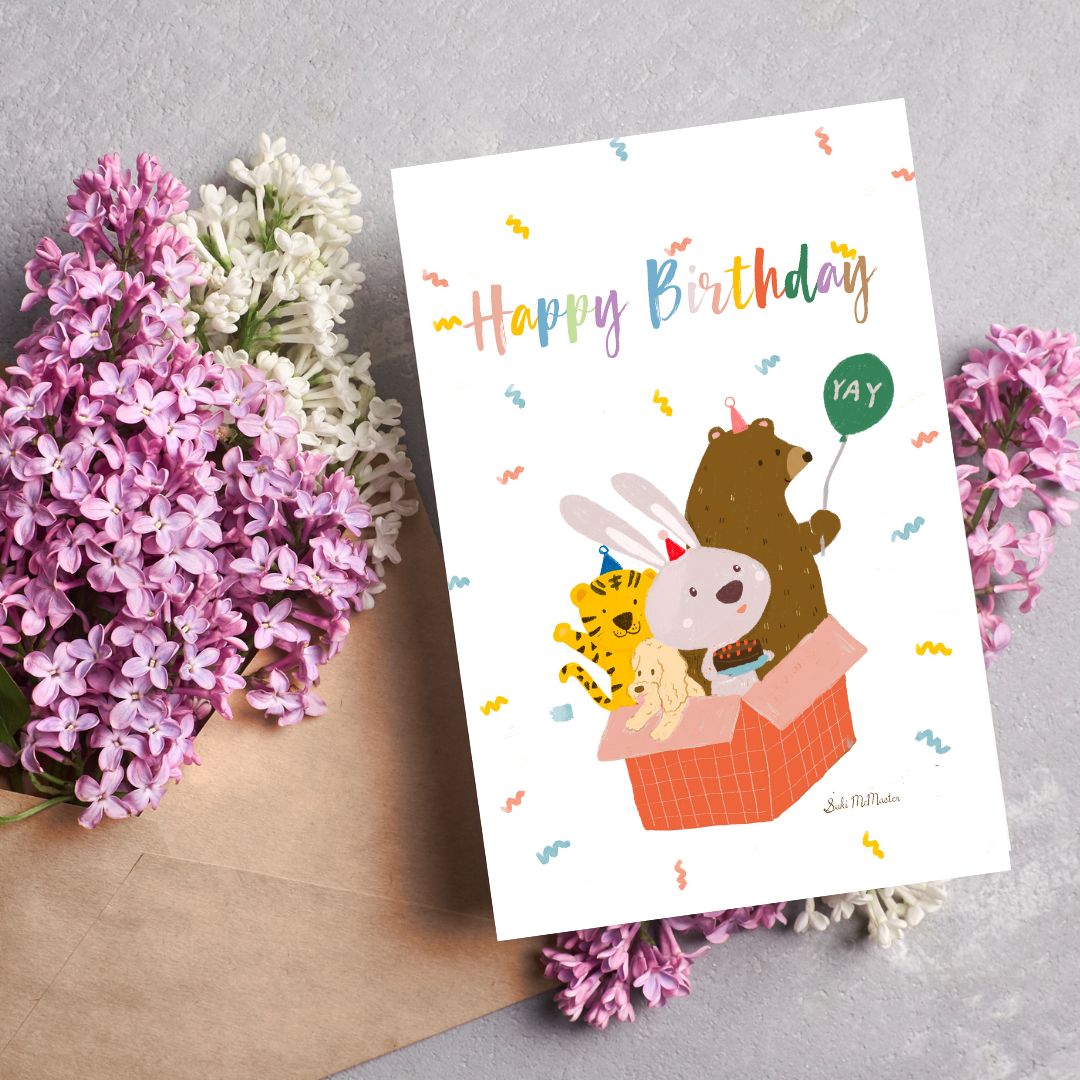 Birthday Card - Bunny Tiger and Bear Surprise by Suki McMaster