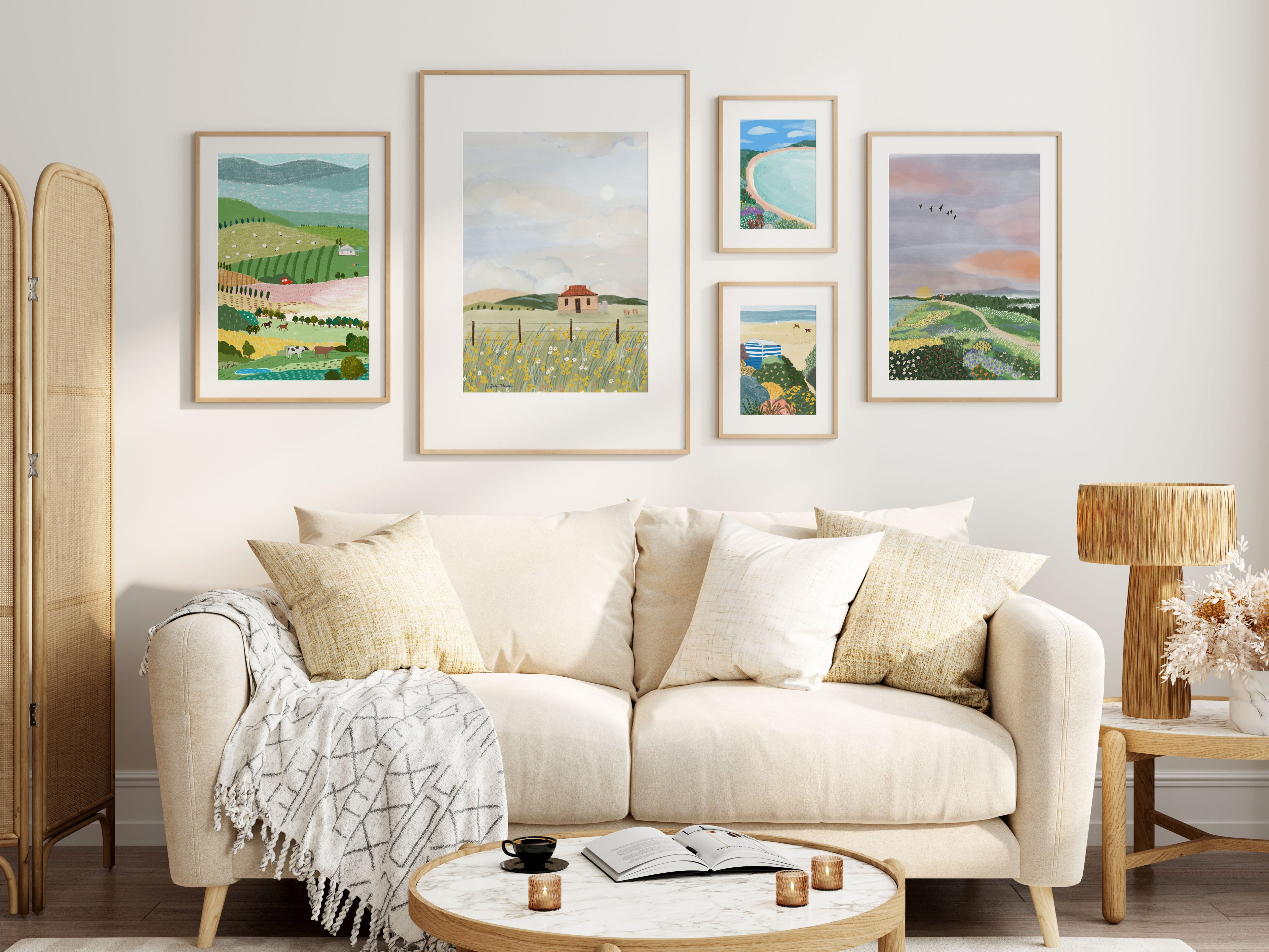 Australian Landscape Wall Art - Dogs On Beach Bath House (Pack of 3)