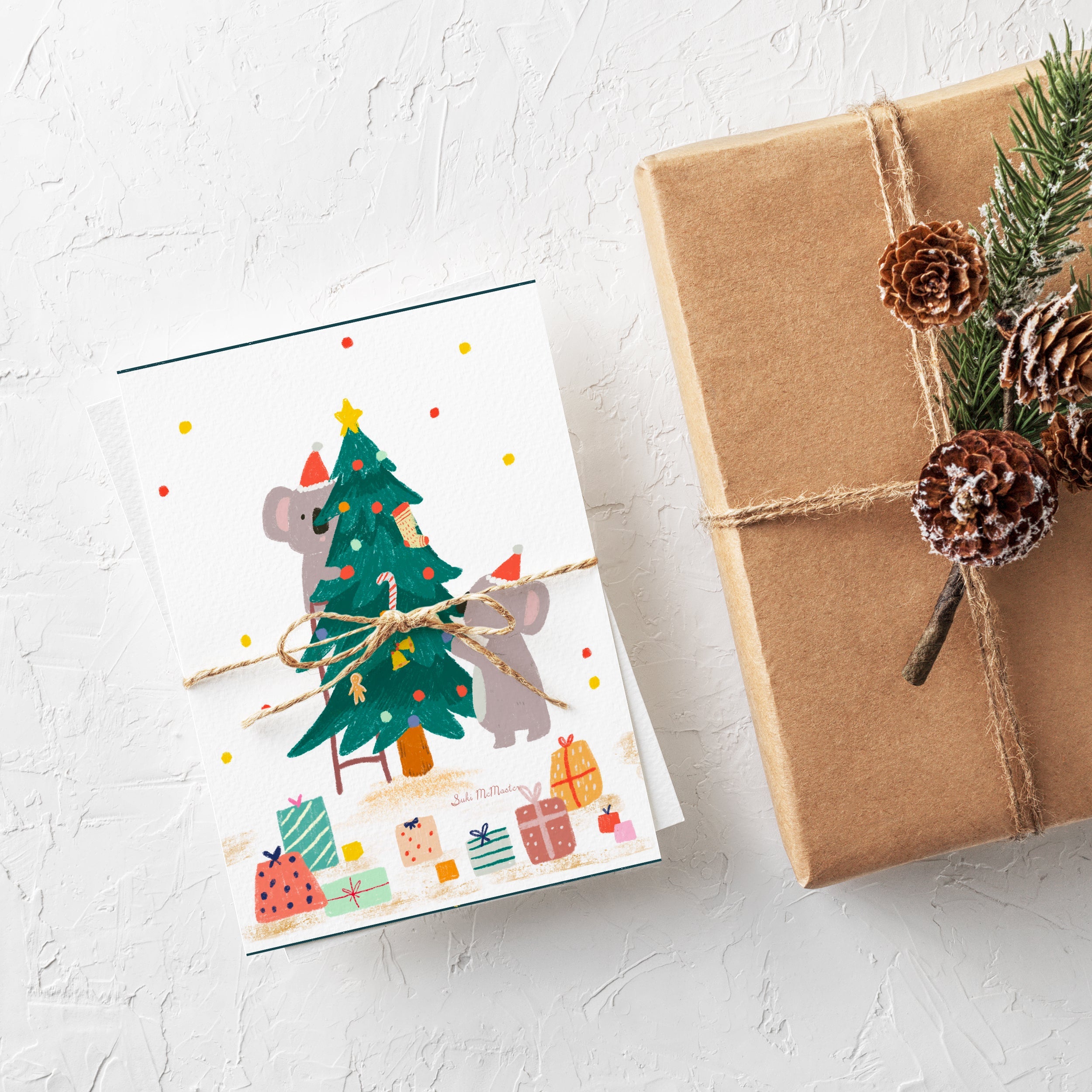 Christmas Tree and Koala Greeting Card – Australian Animal Christmas Card by Suki McMaster