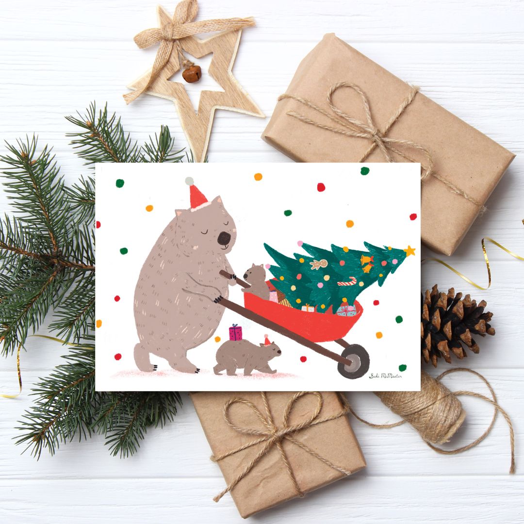 Wombat Christmas Greeting Card – Australian Animal Christmas Card by Suki McMaster