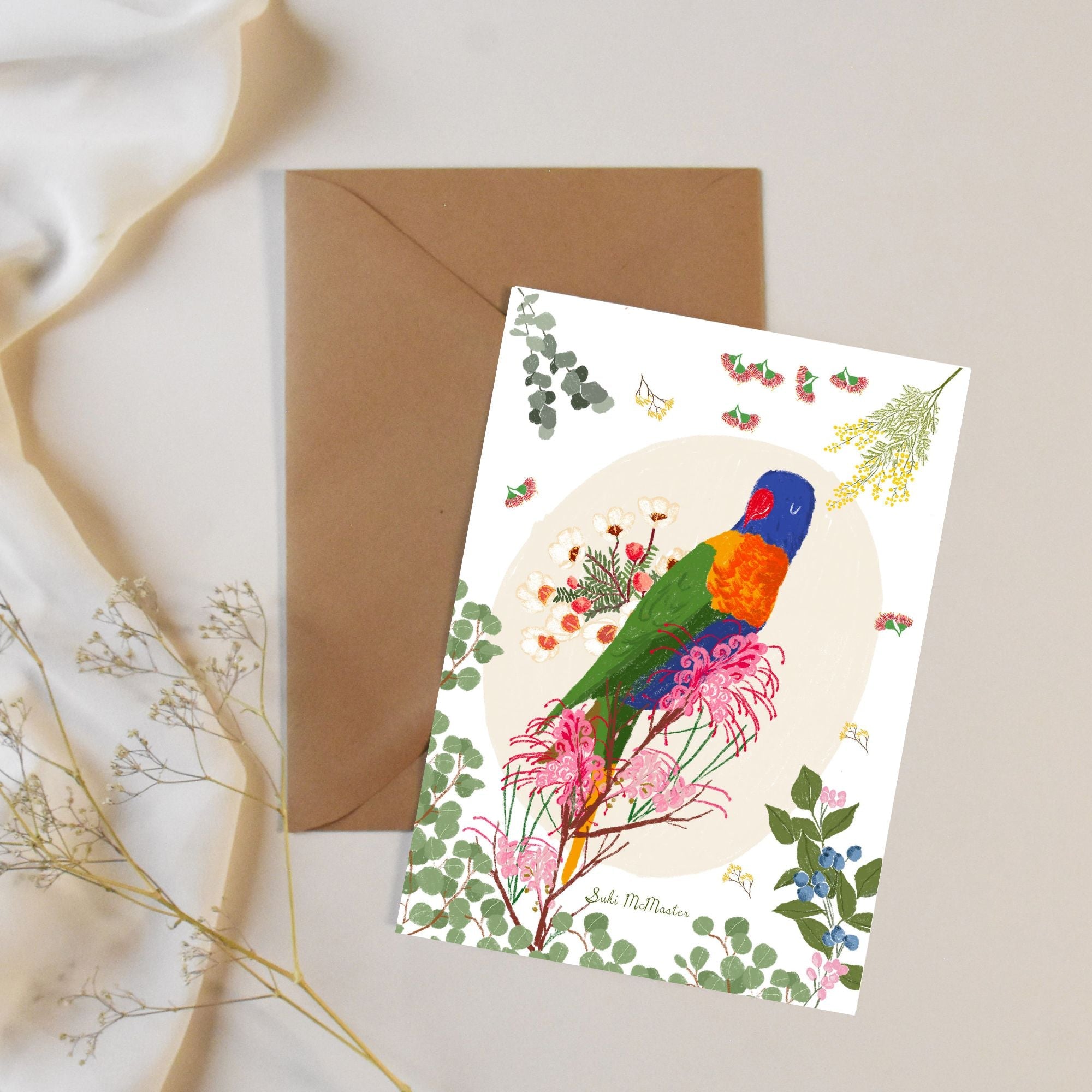 Blank Card - Rainbow Lorikeet Greeting Card – Australian Native Bird Art by Suki McMaster (Pack of 6)