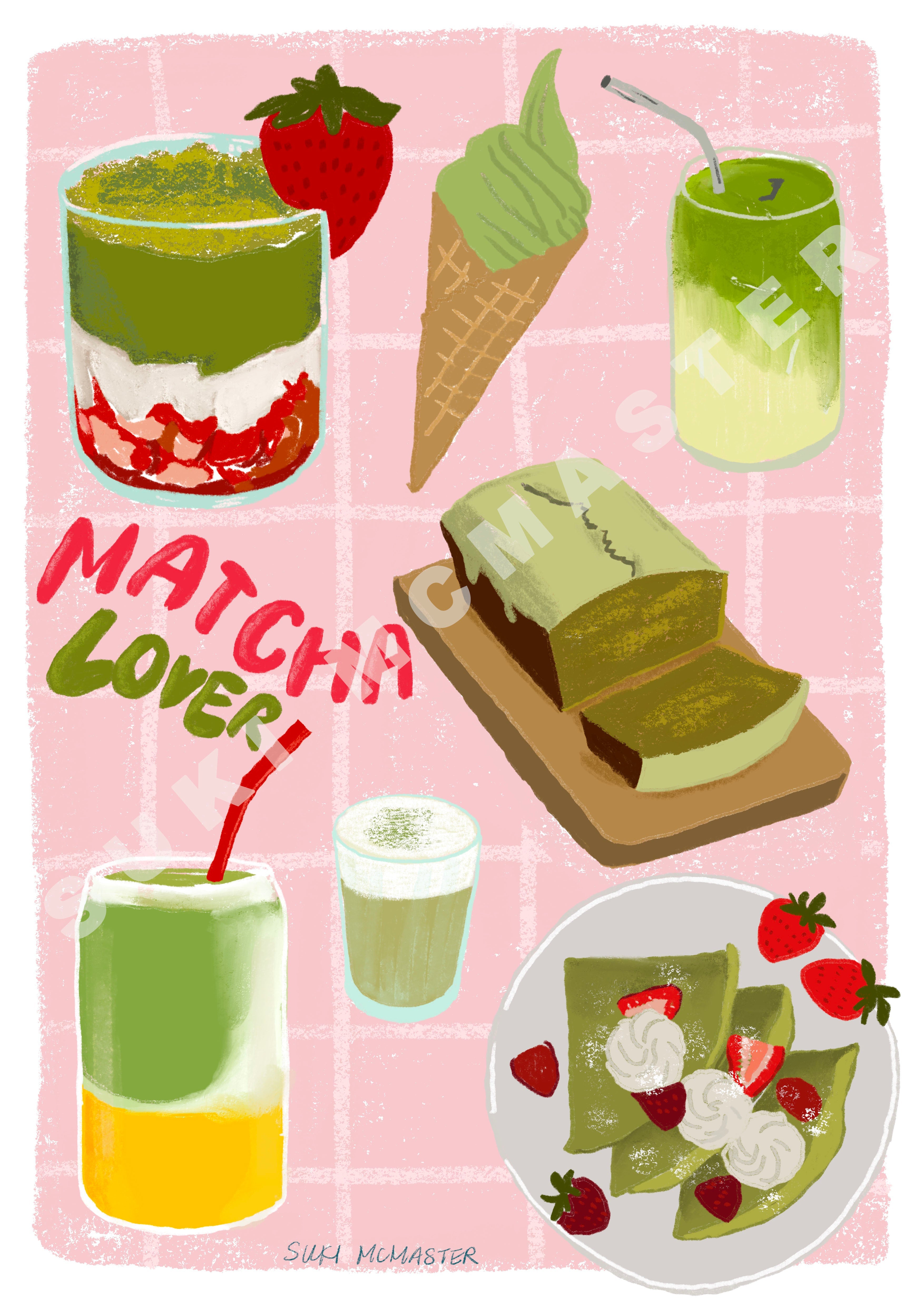 Matcha Lover wall art print featuring green tea treats including matcha latte, ice cream, parfait and tea ceremony items in whimsical illustration style