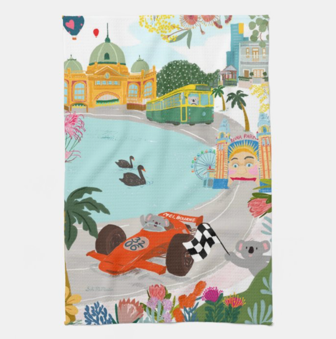 Kitchen Tea Towel - Melbourne Grand Prix by Suki McMaster (NEW) (Pack of 5)