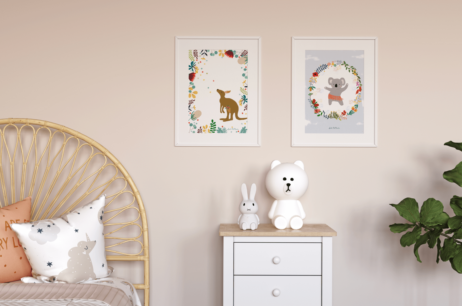 Australian Animal Wall Art Print - Kangaroo in Australian Native Floral (Pack of 3)